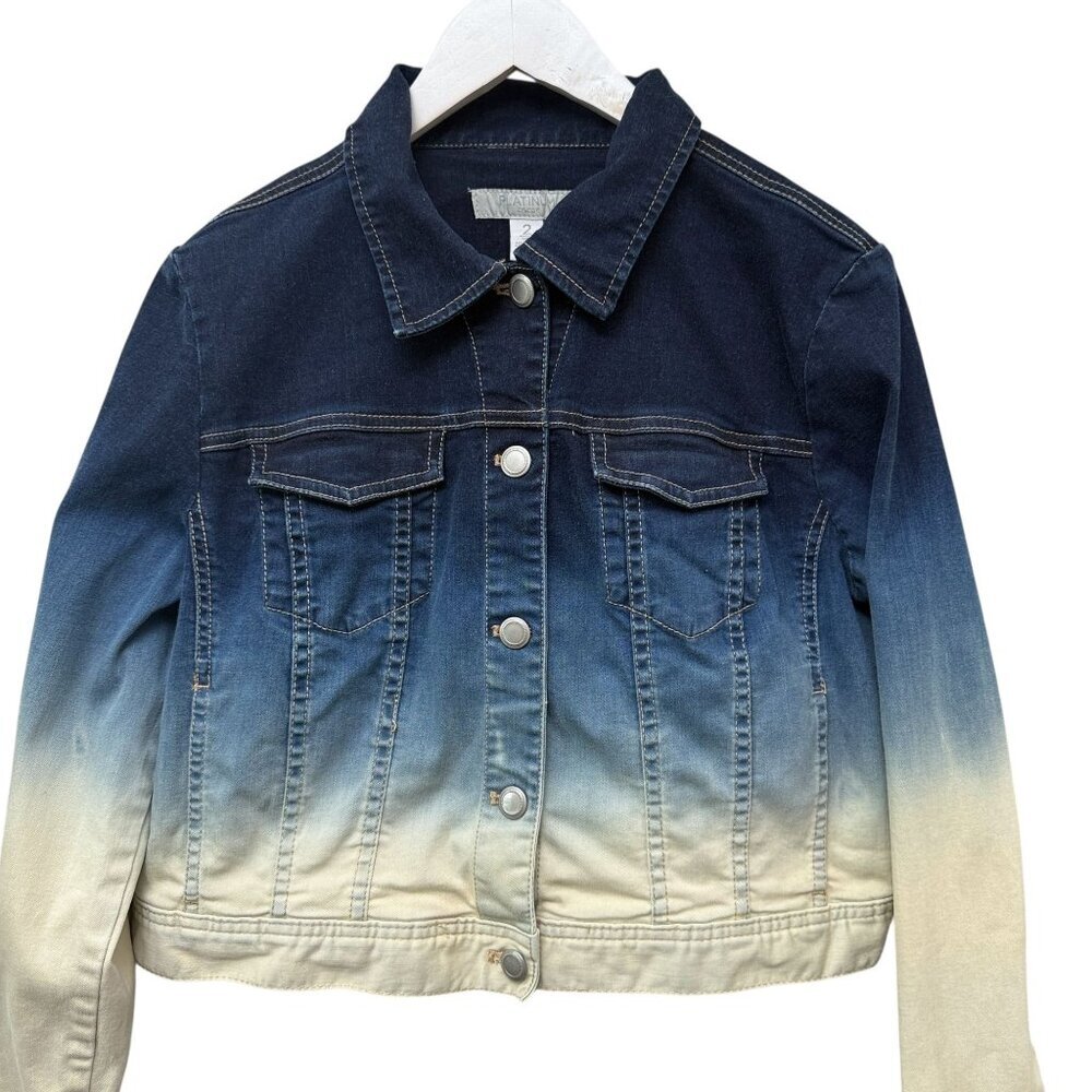 CHICOS Jean Jacket Size Medium Blue Ombre Casual Womens Denim Boho